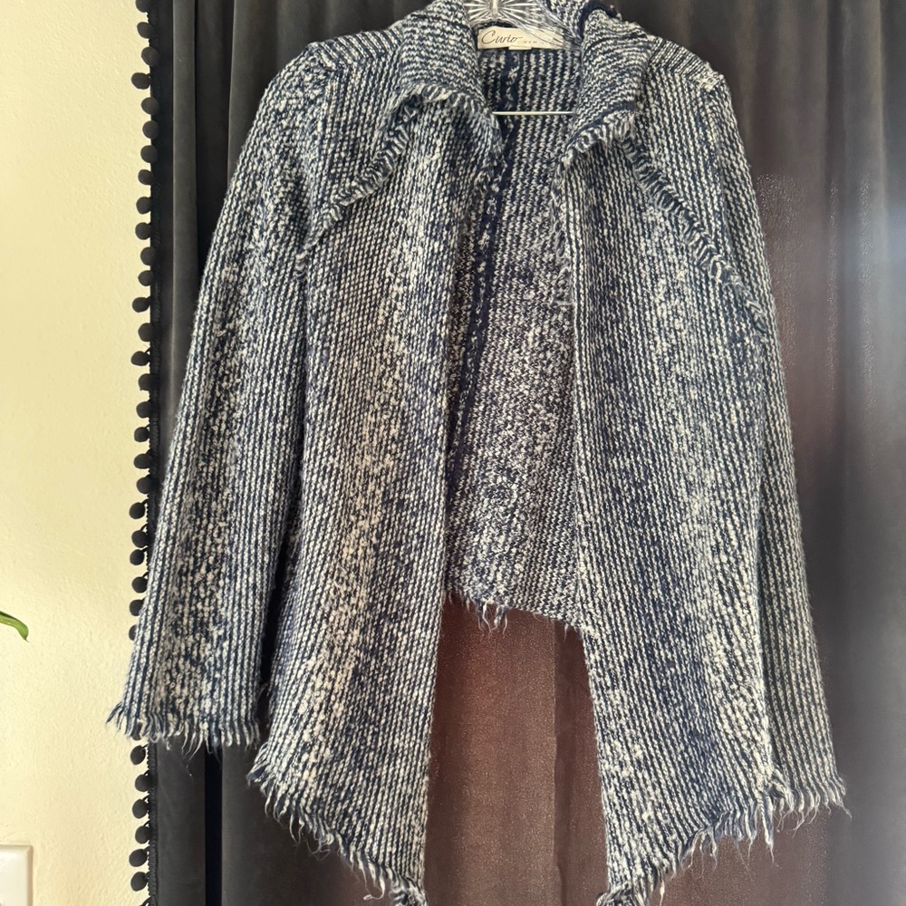 Chic Fringe Sweater Open‎ Cardigan Hugh Low Drape Navy